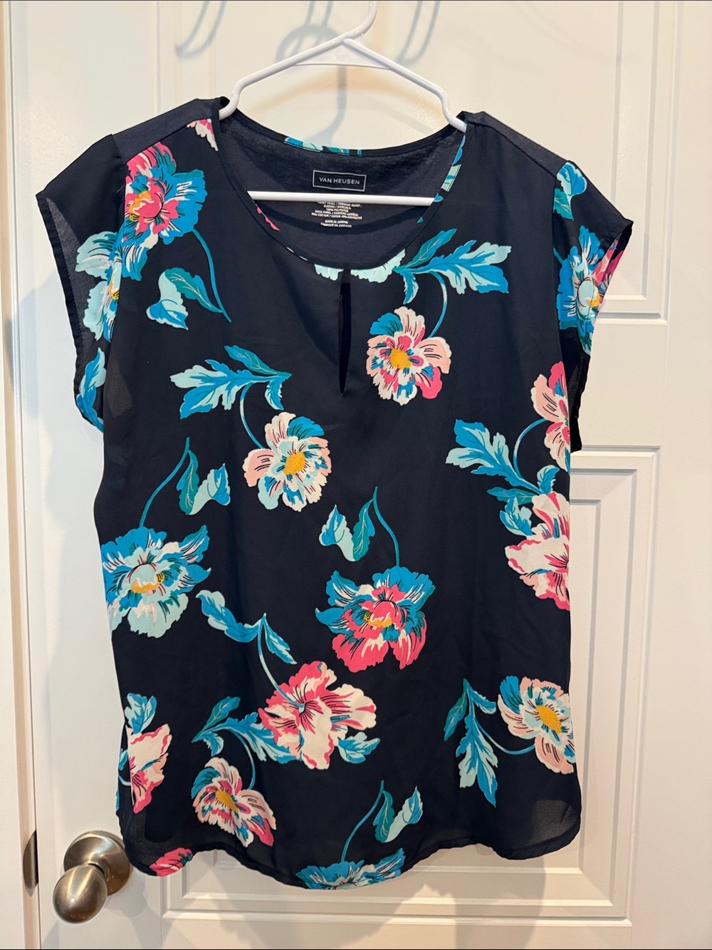 Van Heusen Black Floral Short Sleeve Blouse with Teal & Pink Flowers